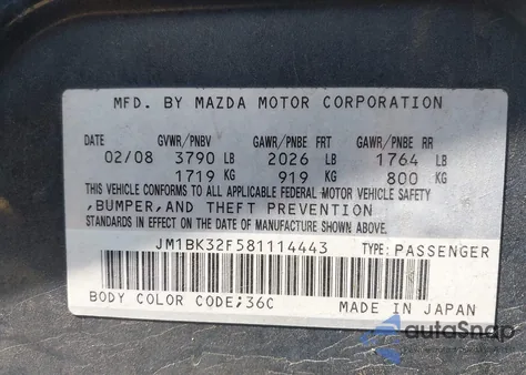 2008 Mazda Mazda3 I Touring Value from USA, damaged, VIN JM1BK32F581114443
